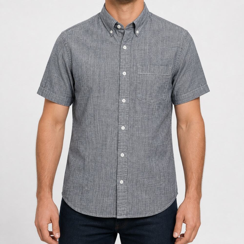 01.Algo Shirt Mens Medium Gray Denim Stretch Short Sleeve Classic Button-Up